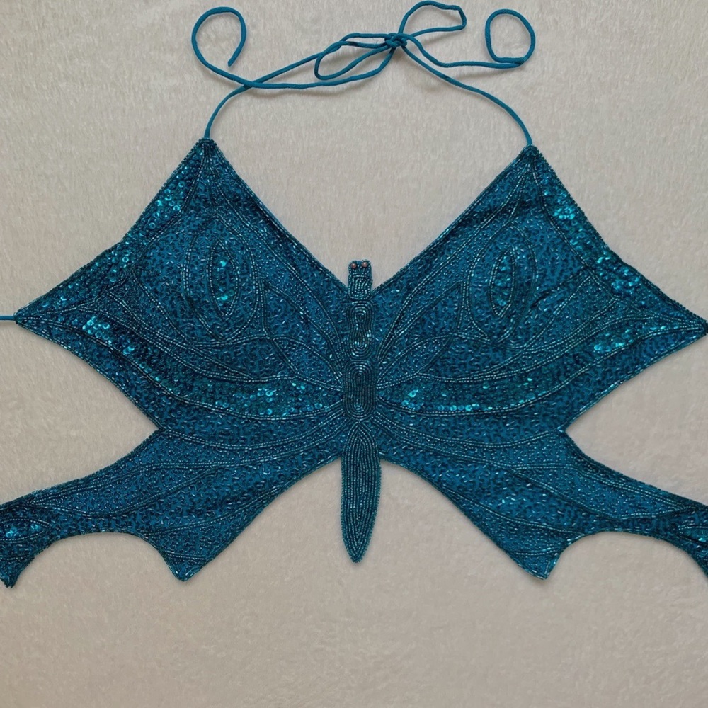 vintage blue beaded butterfly halter🦋✨